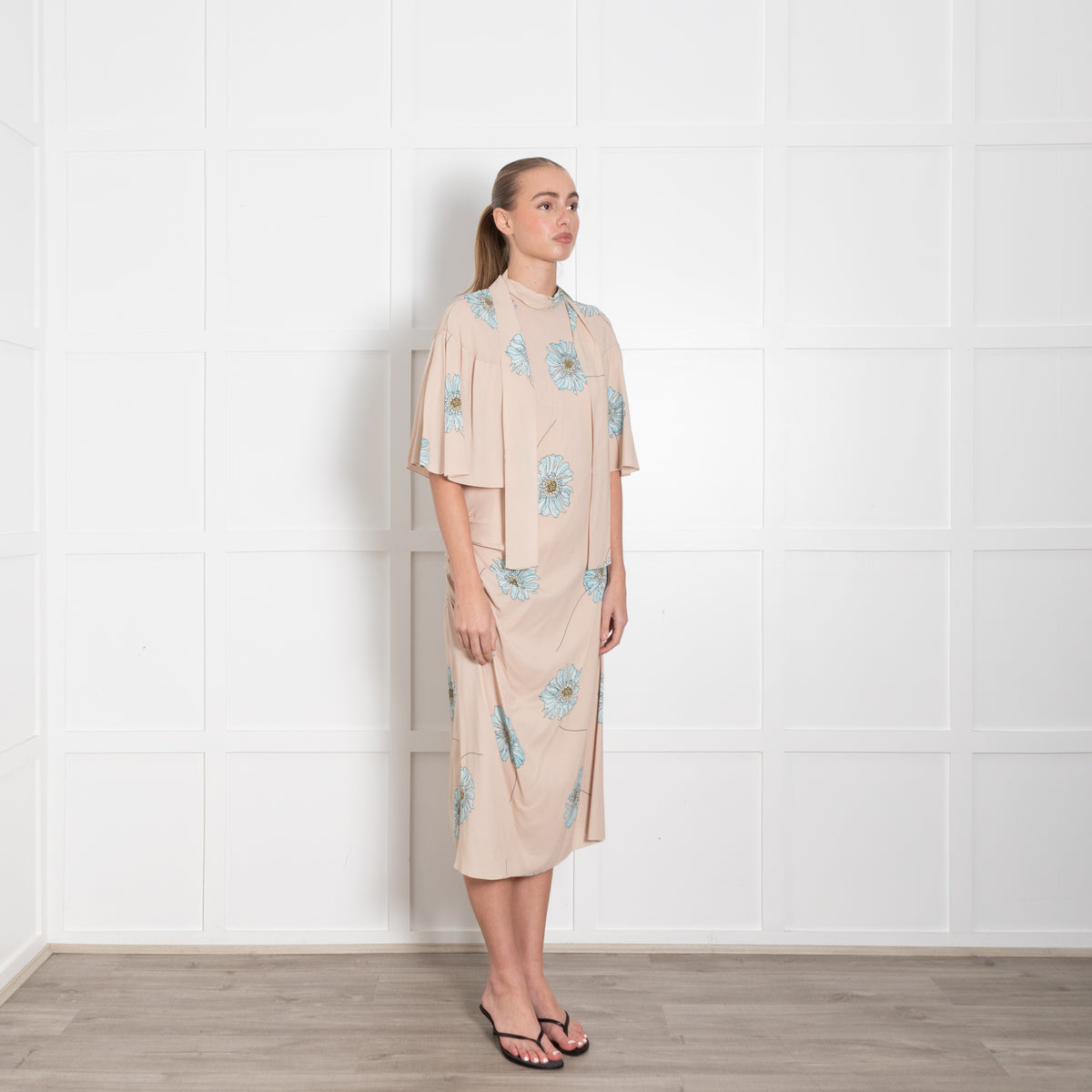 Prada Nude Draped Midi Dress with Flowing Shoulders and Blue Blue Gerbera Motif