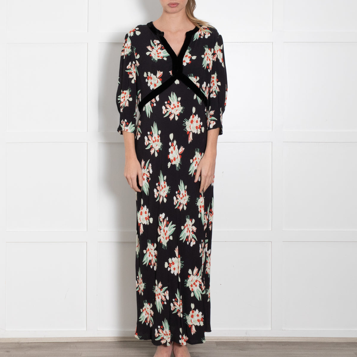 Rixo Black Petra Floral Velvet Trim Midi Dress