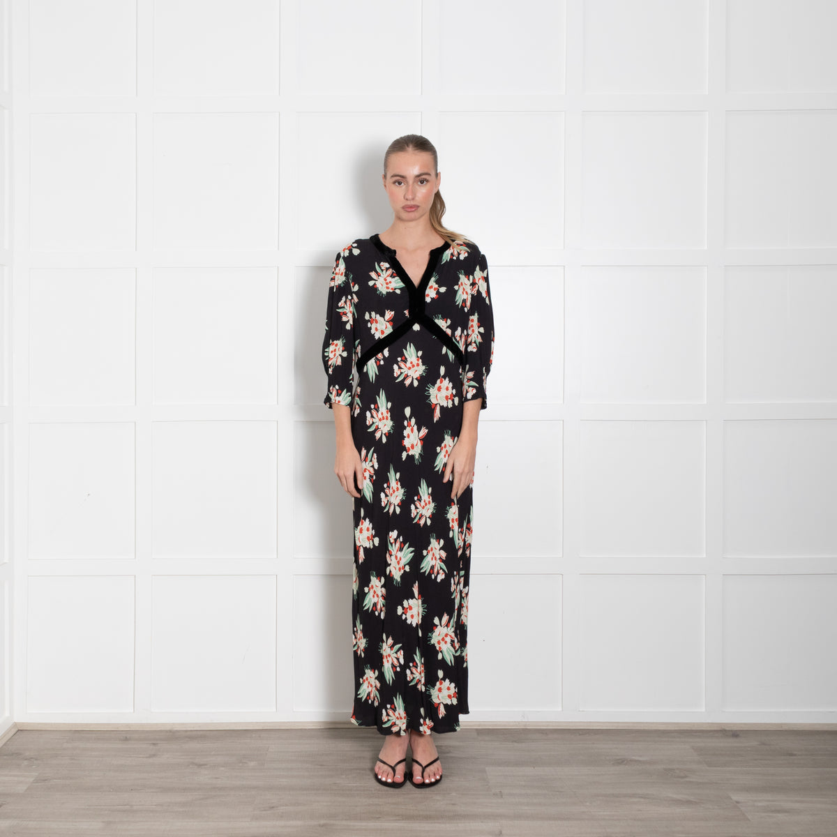 Rixo Black Petra Floral Velvet Trim Midi Dress
