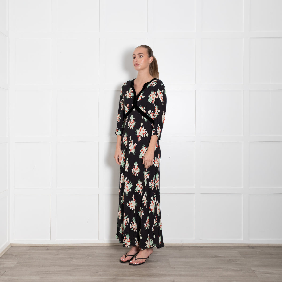 Rixo Black Petra Floral Velvet Trim Midi Dress
