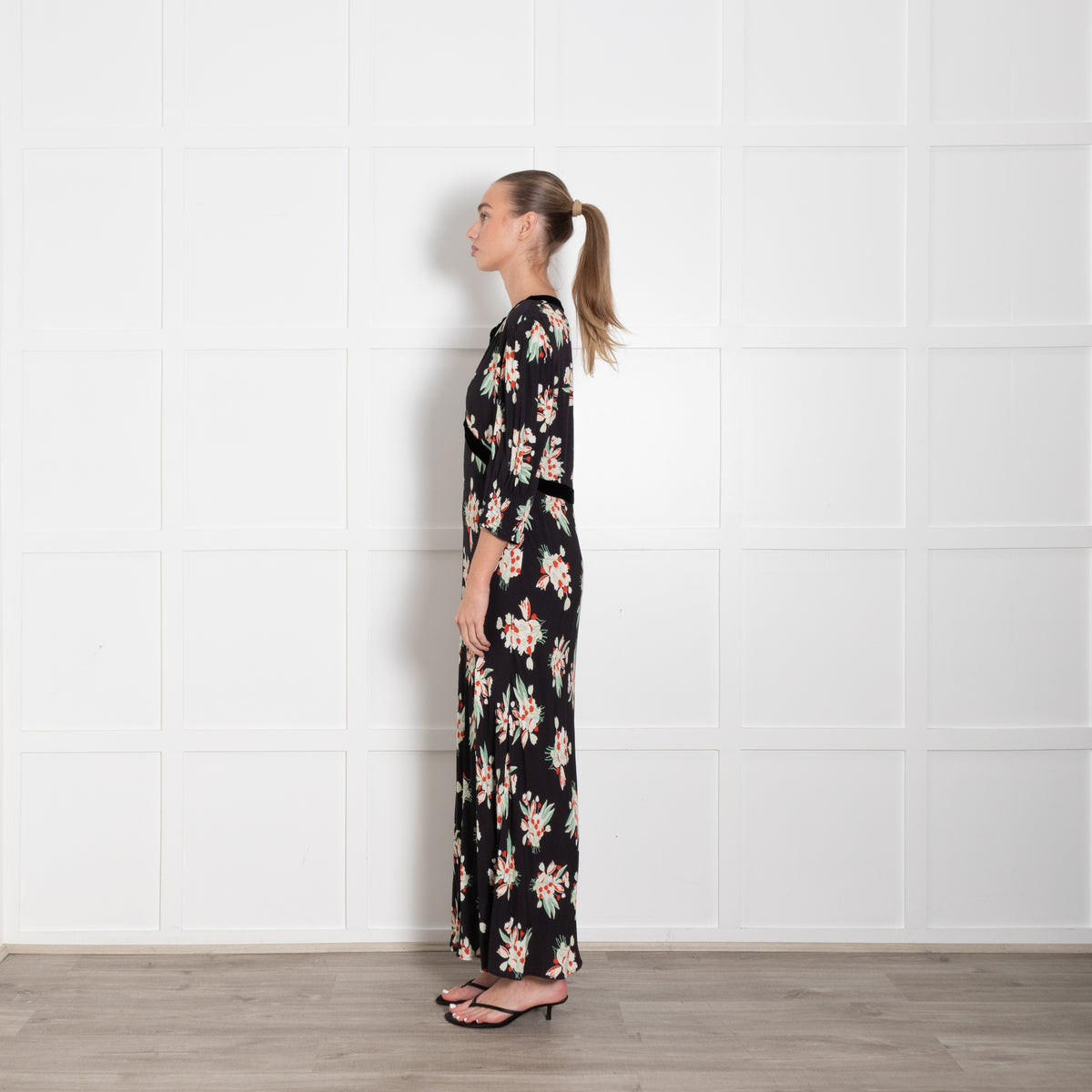 Rixo Black Petra Floral Velvet Trim Midi Dress