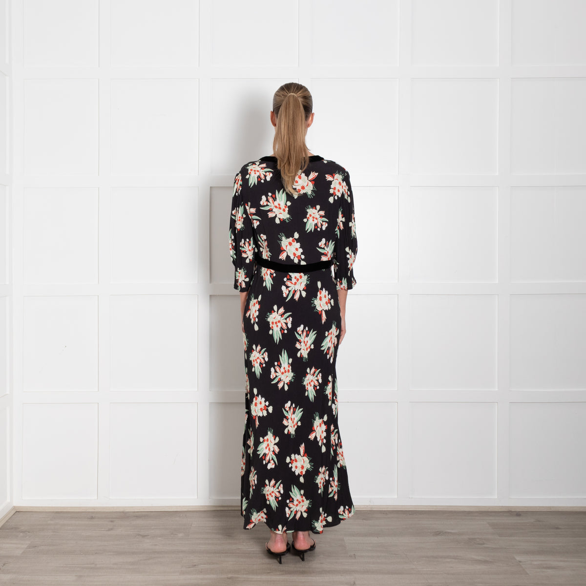Rixo Black Petra Floral Velvet Trim Midi Dress
