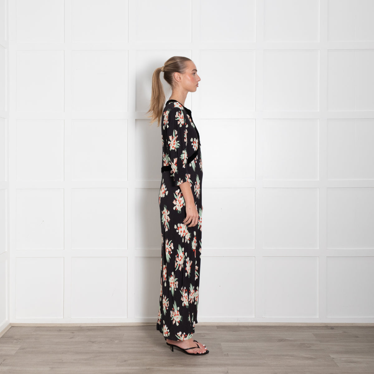 Rixo Black Petra Floral Velvet Trim Midi Dress