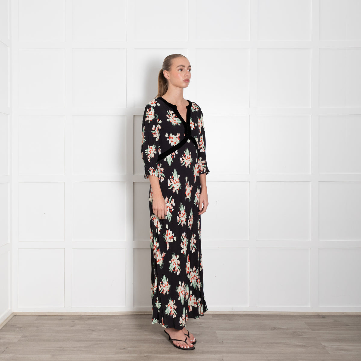 Rixo Black Petra Floral Velvet Trim Midi Dress