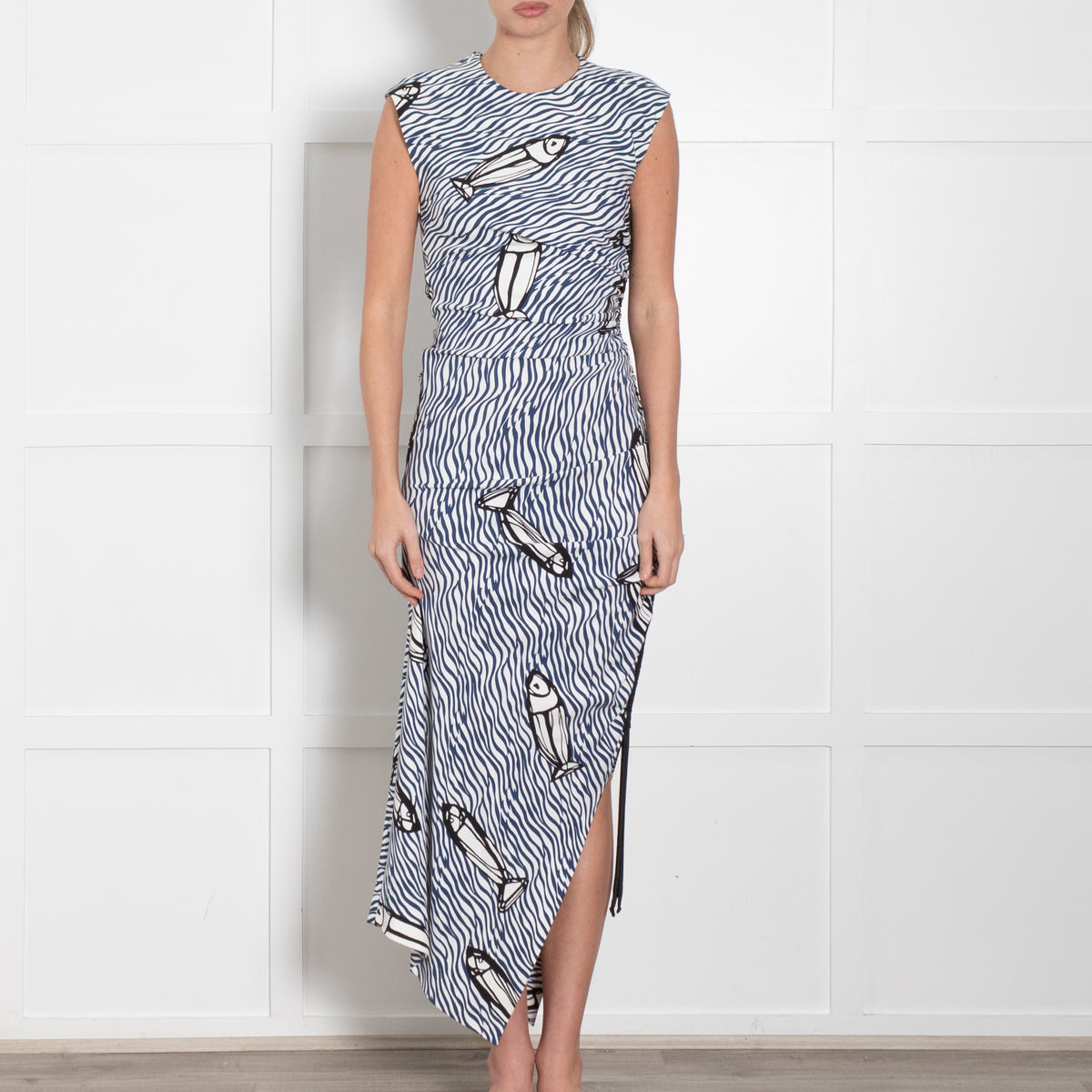 Sportmax Blue And White Stripe Ruched Fish Pattern Dress