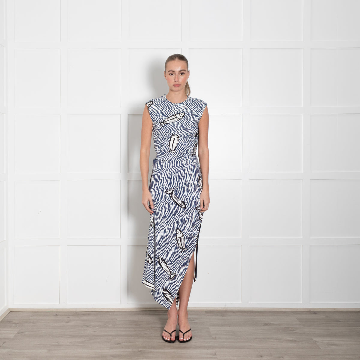 Sportmax Blue And White Stripe Ruched Fish Pattern Dress
