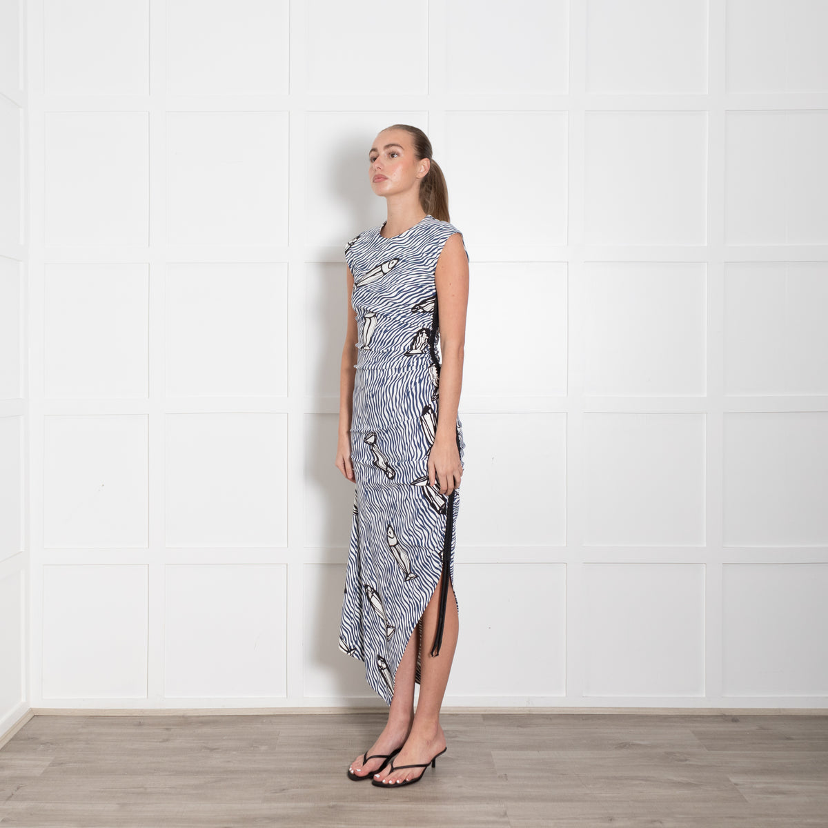 Sportmax Blue And White Stripe Ruched Fish Pattern Dress