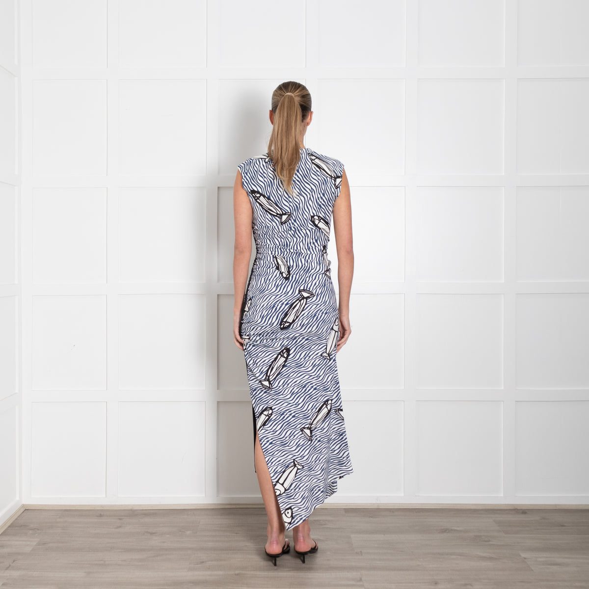 Sportmax Blue And White Stripe Ruched Fish Pattern Dress