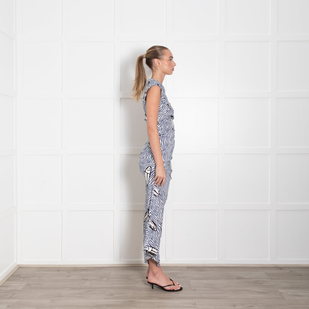Sportmax Blue And White Stripe Ruched Fish Pattern Dress