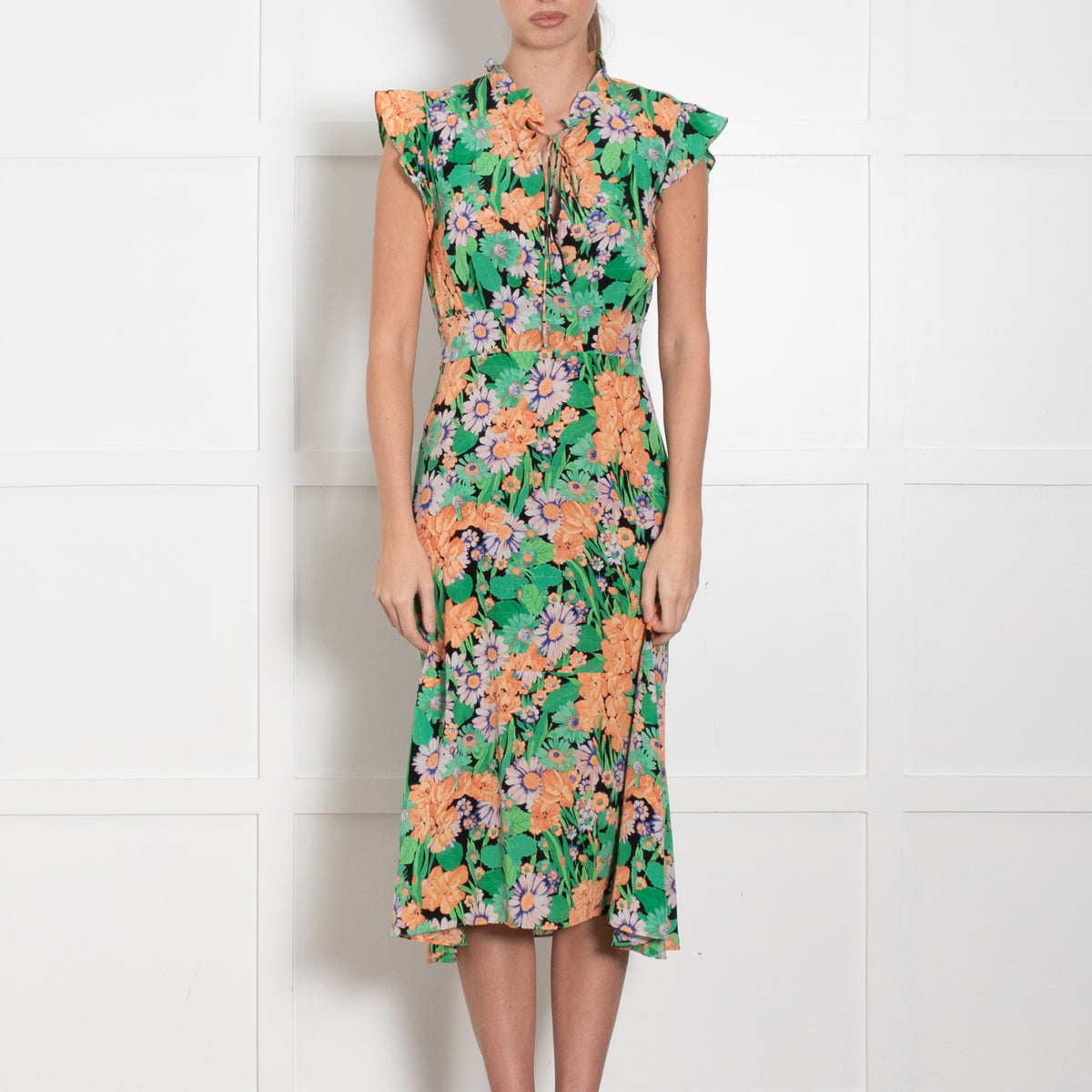 Sandro Maline Green Floral Silk Midi Dress