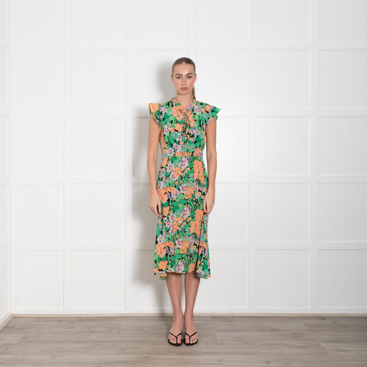 Sandro Maline Green Floral Silk Midi Dress