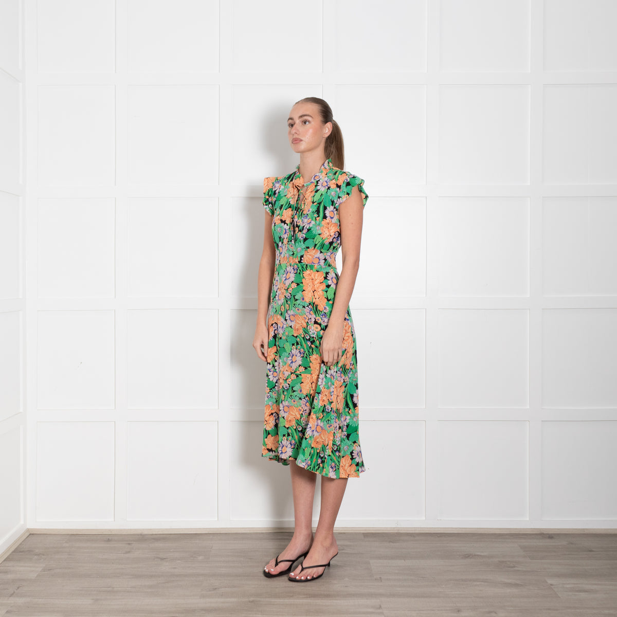 Sandro Maline Green Floral Silk Midi Dress