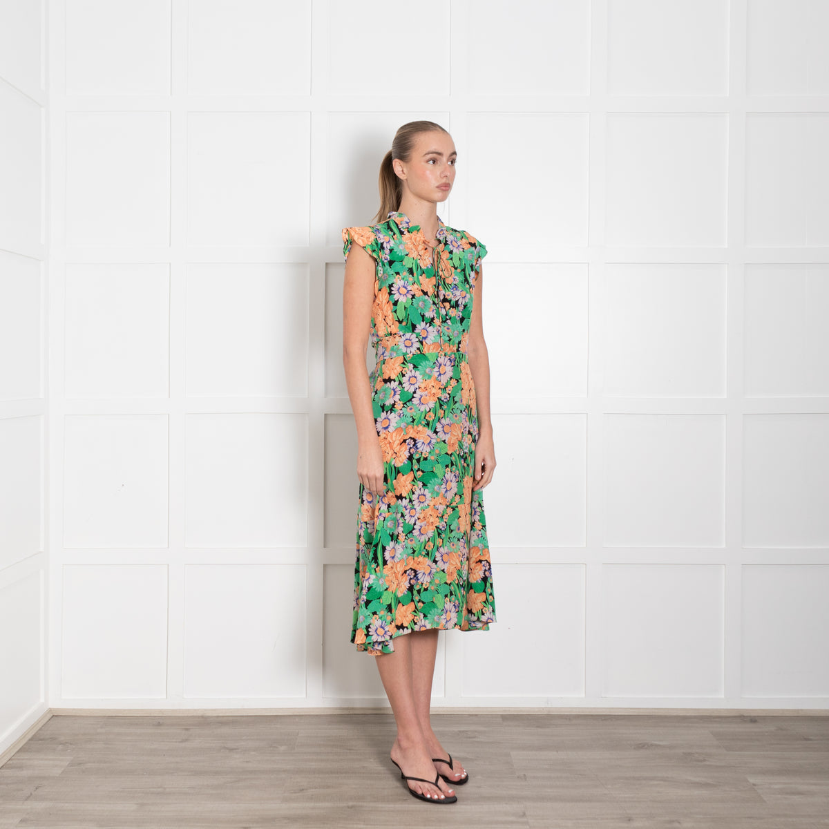 Sandro Maline Green Floral Silk Midi Dress