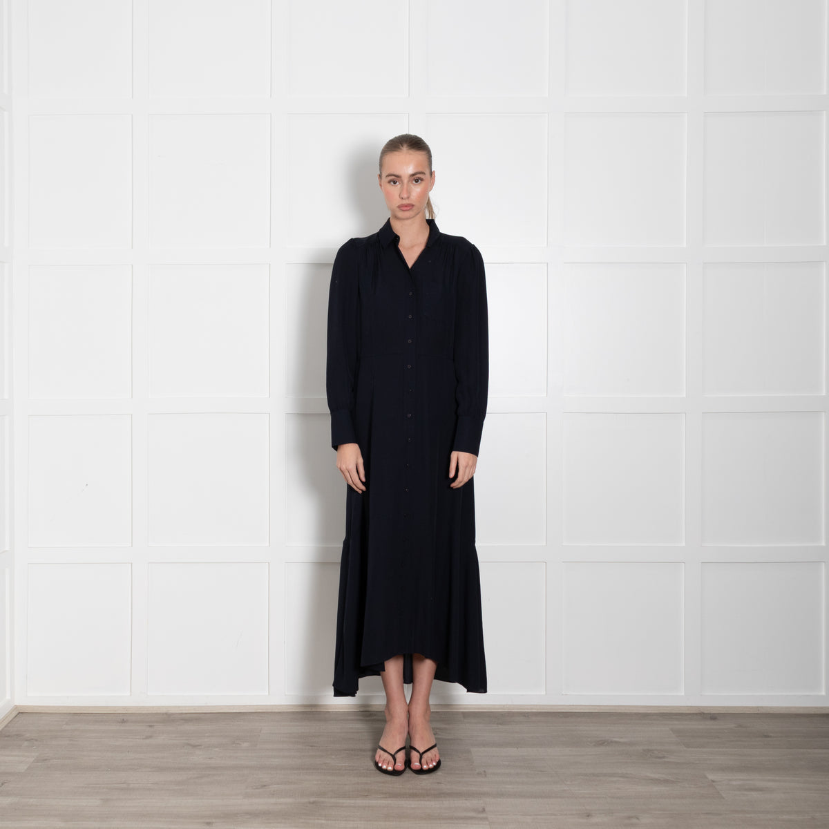 Me + Em Navy Blue Long Sleeve Button Up Maxi Dress