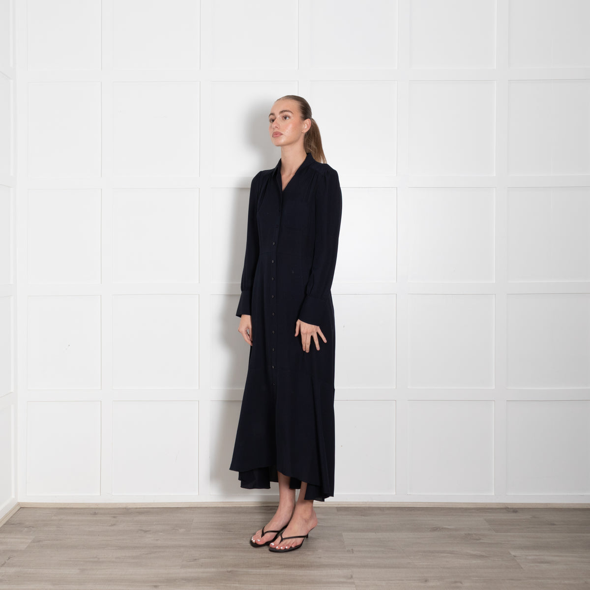 Me + Em Navy Blue Long Sleeve Button Up Maxi Dress