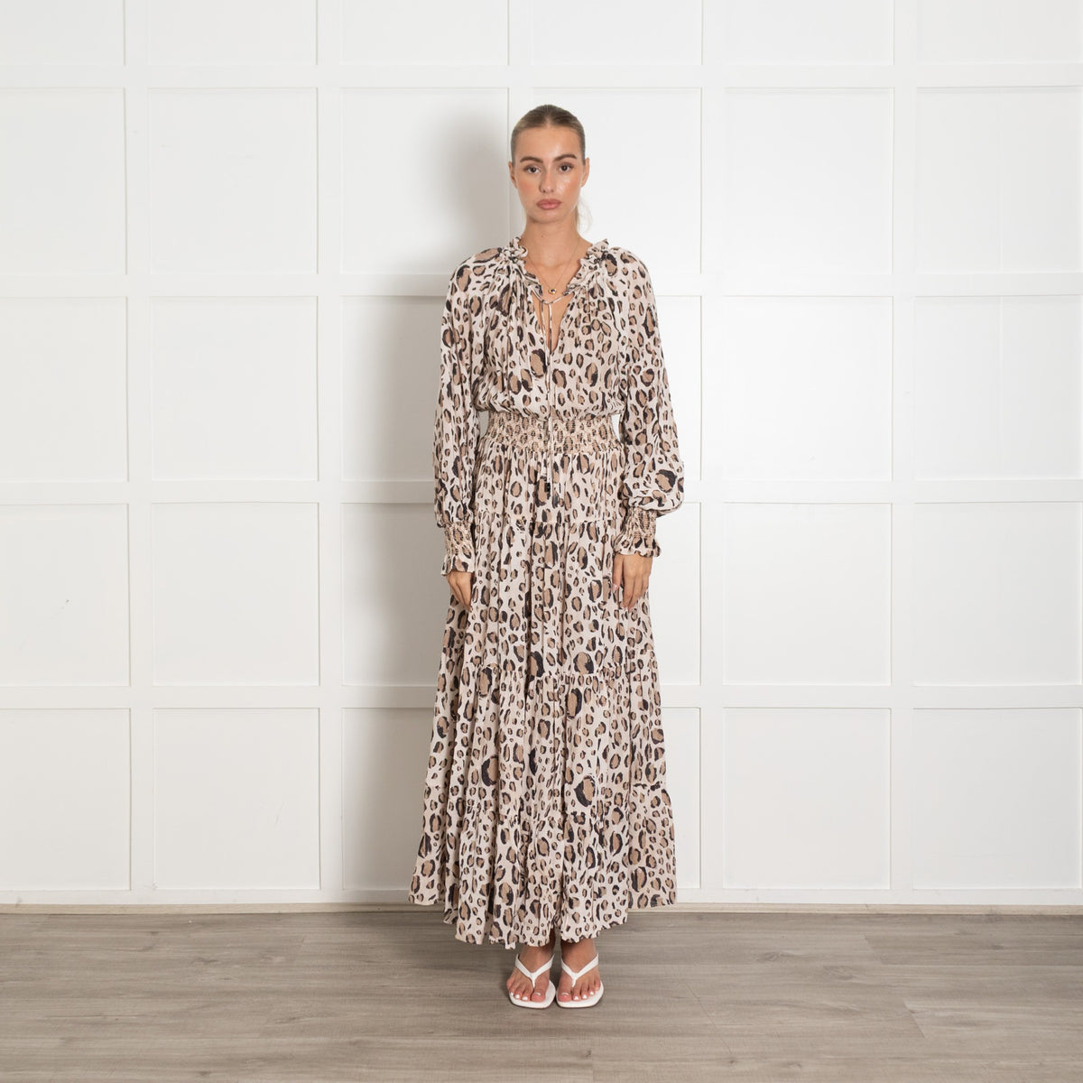 Aje Beige Brown Print Elasticated Waist Tiered Maxi Dress - Image 1