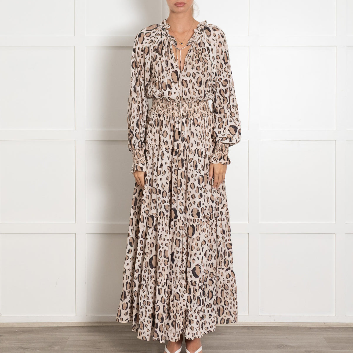 Aje Beige Brown Print Elasticated Waist Tiered Maxi Dress - Image 2