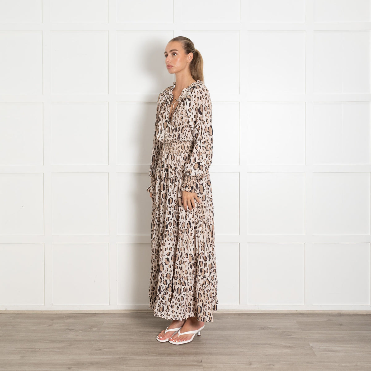 Aje Beige Brown Print Elasticated Waist Tiered Maxi Dress - Image 3