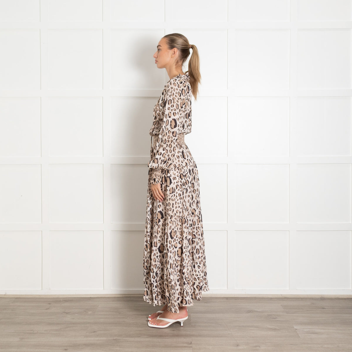 Aje Beige Brown Print Elasticated Waist Tiered Maxi Dress - Image 4