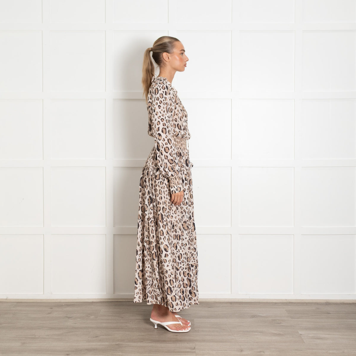 Aje Beige Brown Print Elasticated Waist Tiered Maxi Dress - Image 6