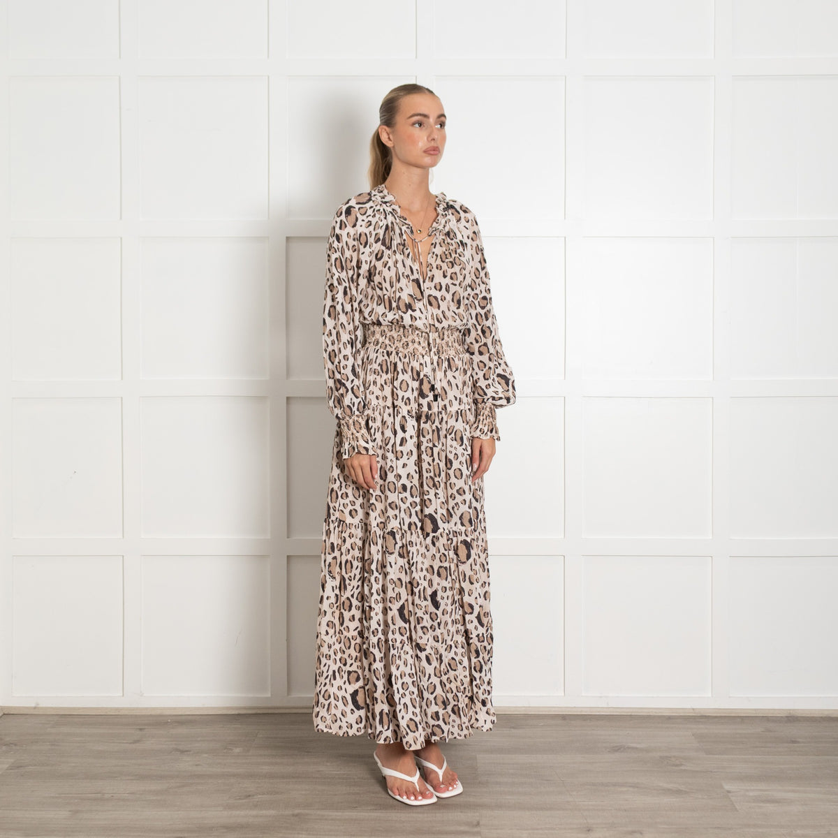 Aje Beige Brown Print Elasticated Waist Tiered Maxi Dress - Image 7