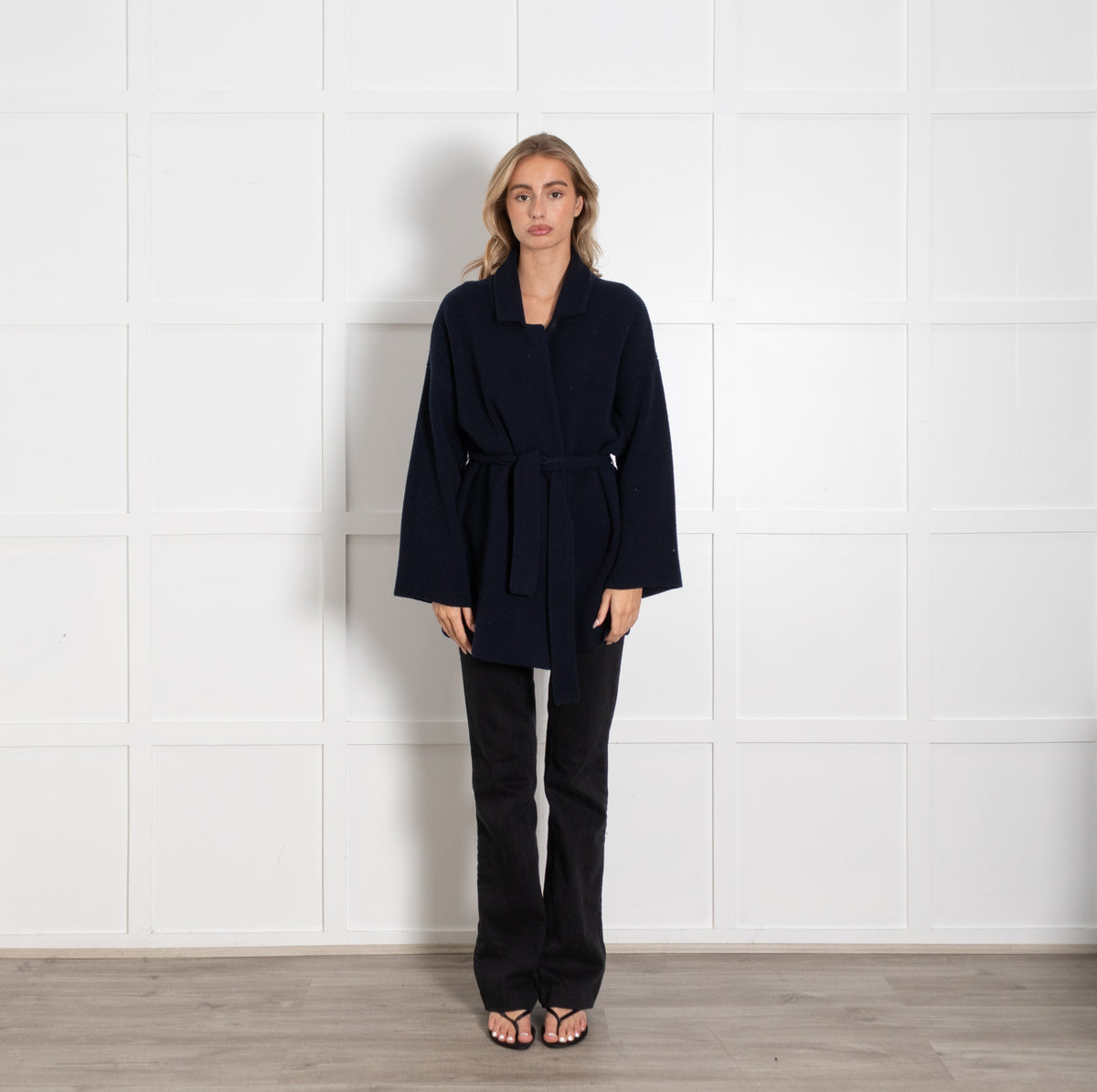 Amina Rubinacci Navy Front Open Belted Cashmere Blend Cardigan - Image 1