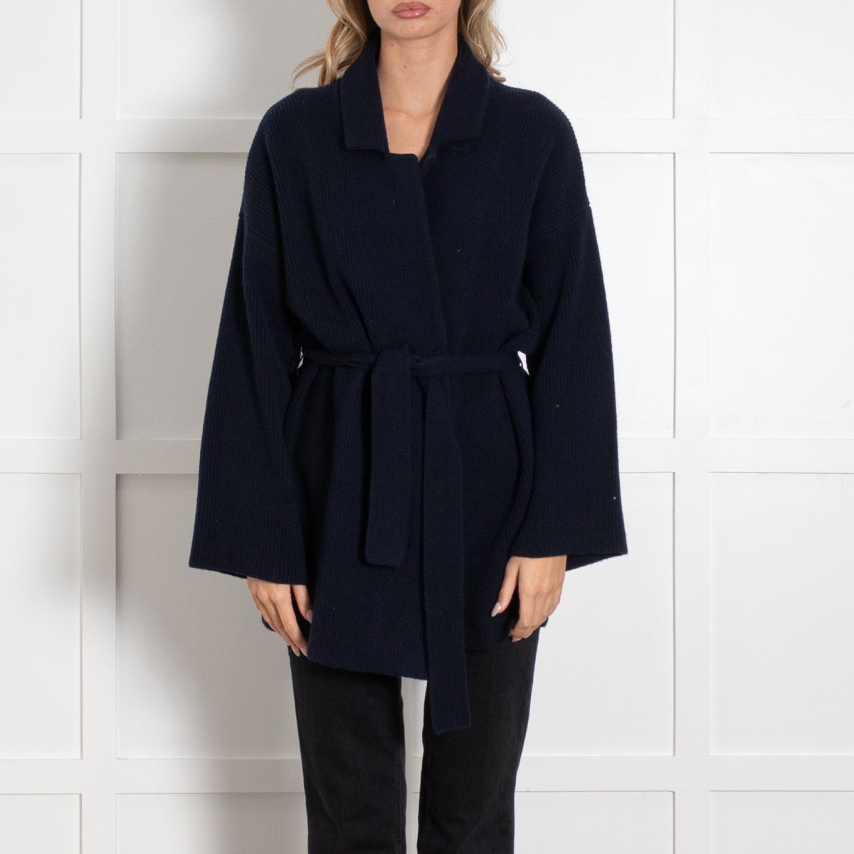 Amina Rubinacci Navy Front Open Belted Cashmere Blend Cardigan - Image 2