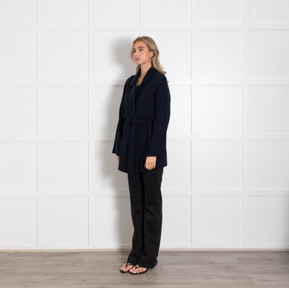 Amina Rubinacci Navy Front Open Belted Cashmere Blend Cardigan - Image 3