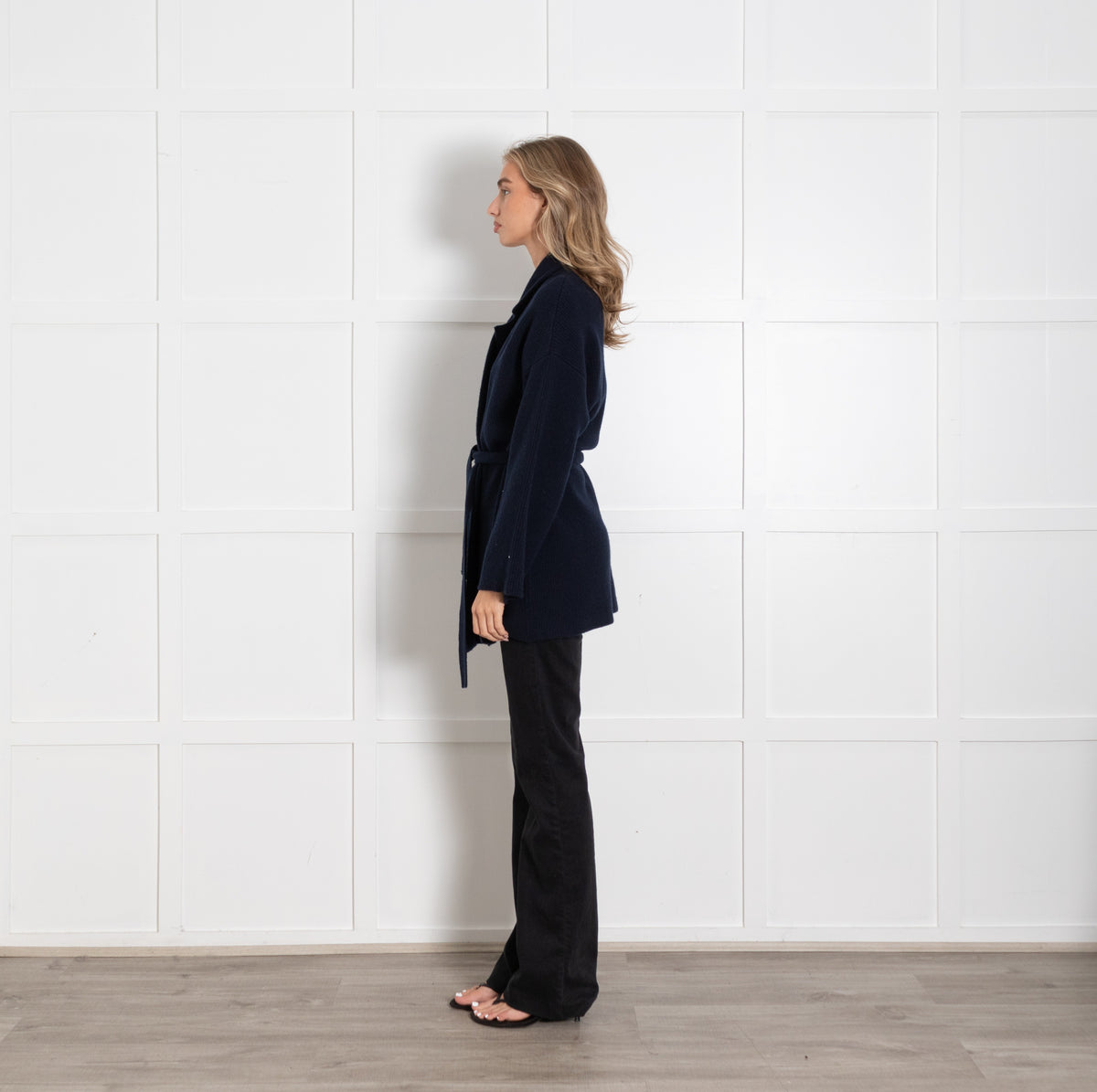 Amina Rubinacci Navy Front Open Belted Cashmere Blend Cardigan - Image 4