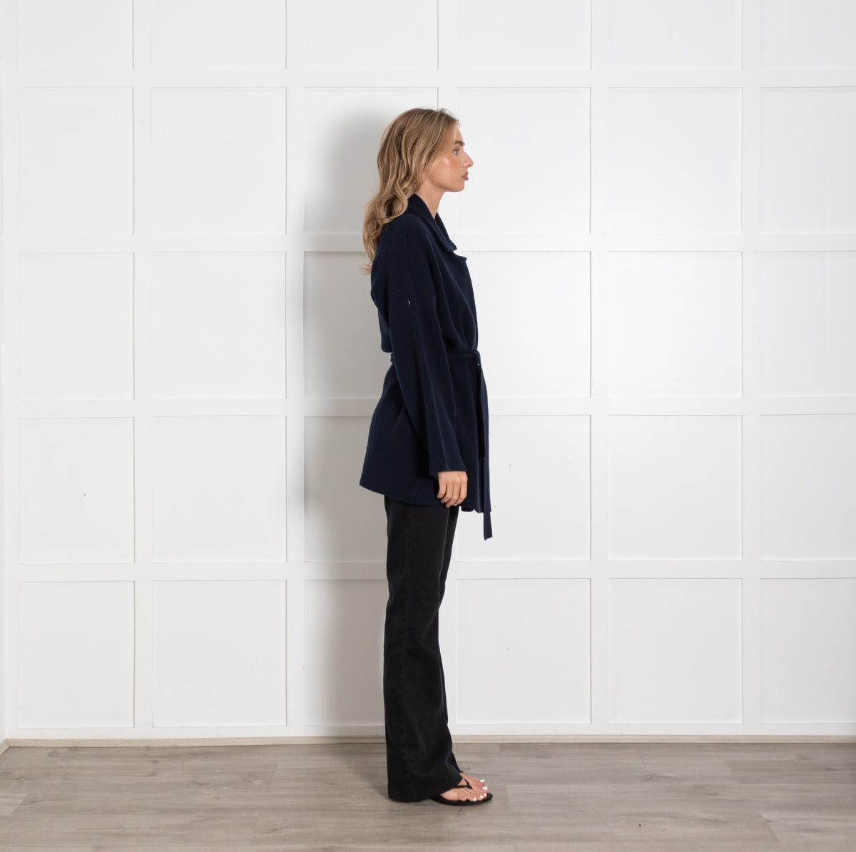 Amina Rubinacci Navy Front Open Belted Cashmere Blend Cardigan - Image 6