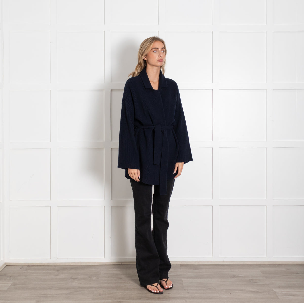 Amina Rubinacci Navy Front Open Belted Cashmere Blend Cardigan - Image 7