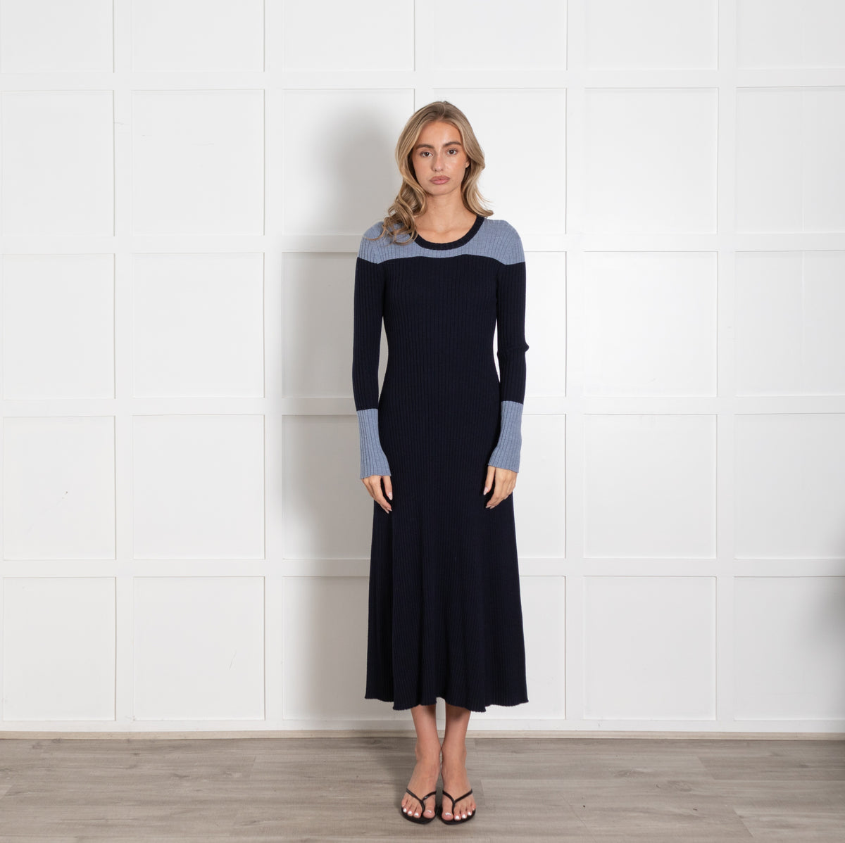 Amina Rubinacci Navy Light Blue Sleeves Knitted Dress - Image 1