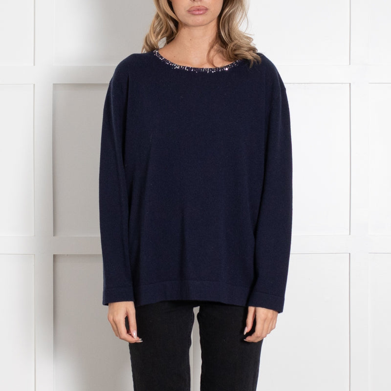 Amina Rubinacci Navy Silver Sequin Detail Cashmere Blend Jumper UK 12 - Image 2
