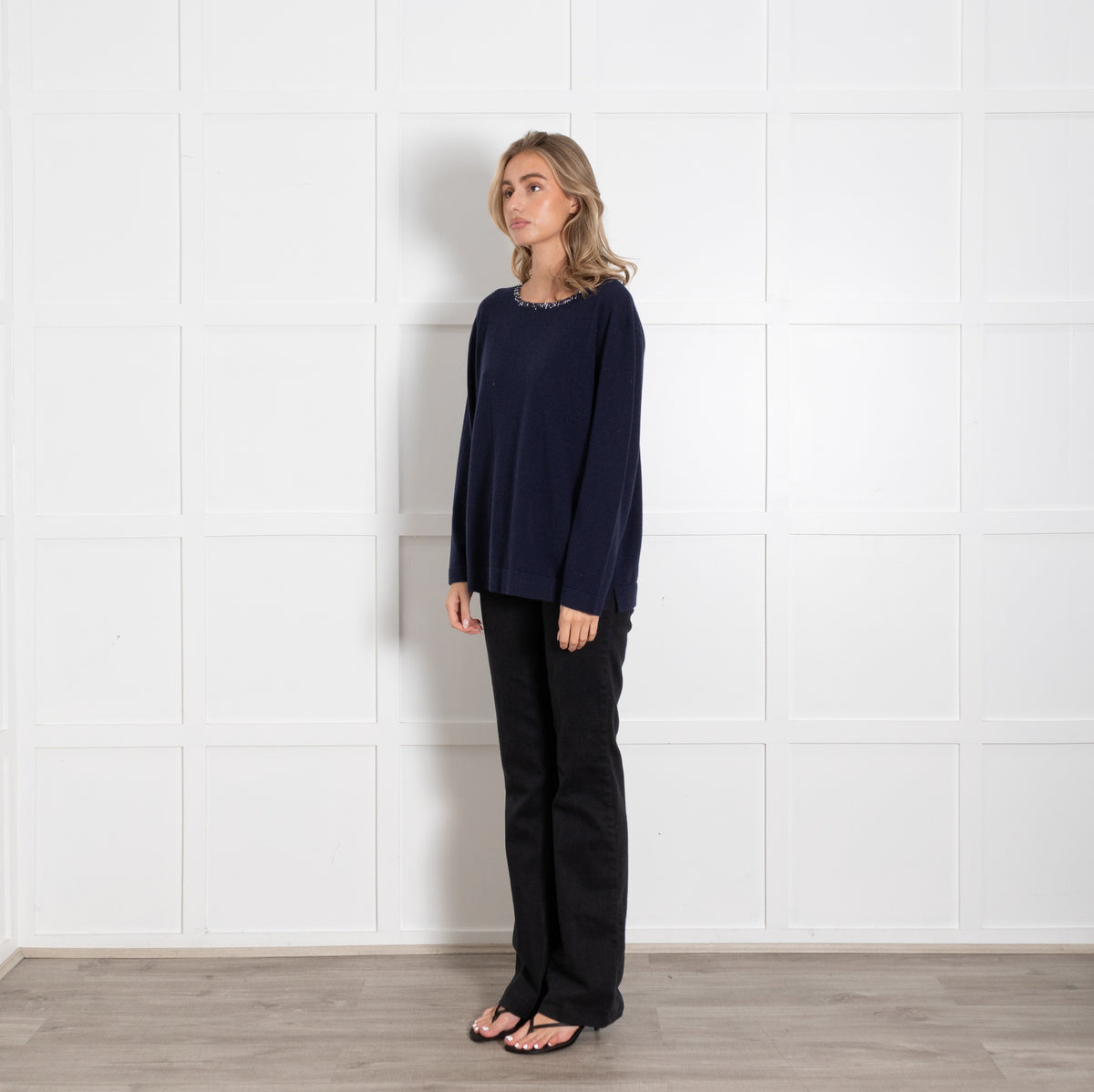 Amina Rubinacci Navy Silver Sequin Detail Cashmere Blend Jumper UK 12 - Image 3