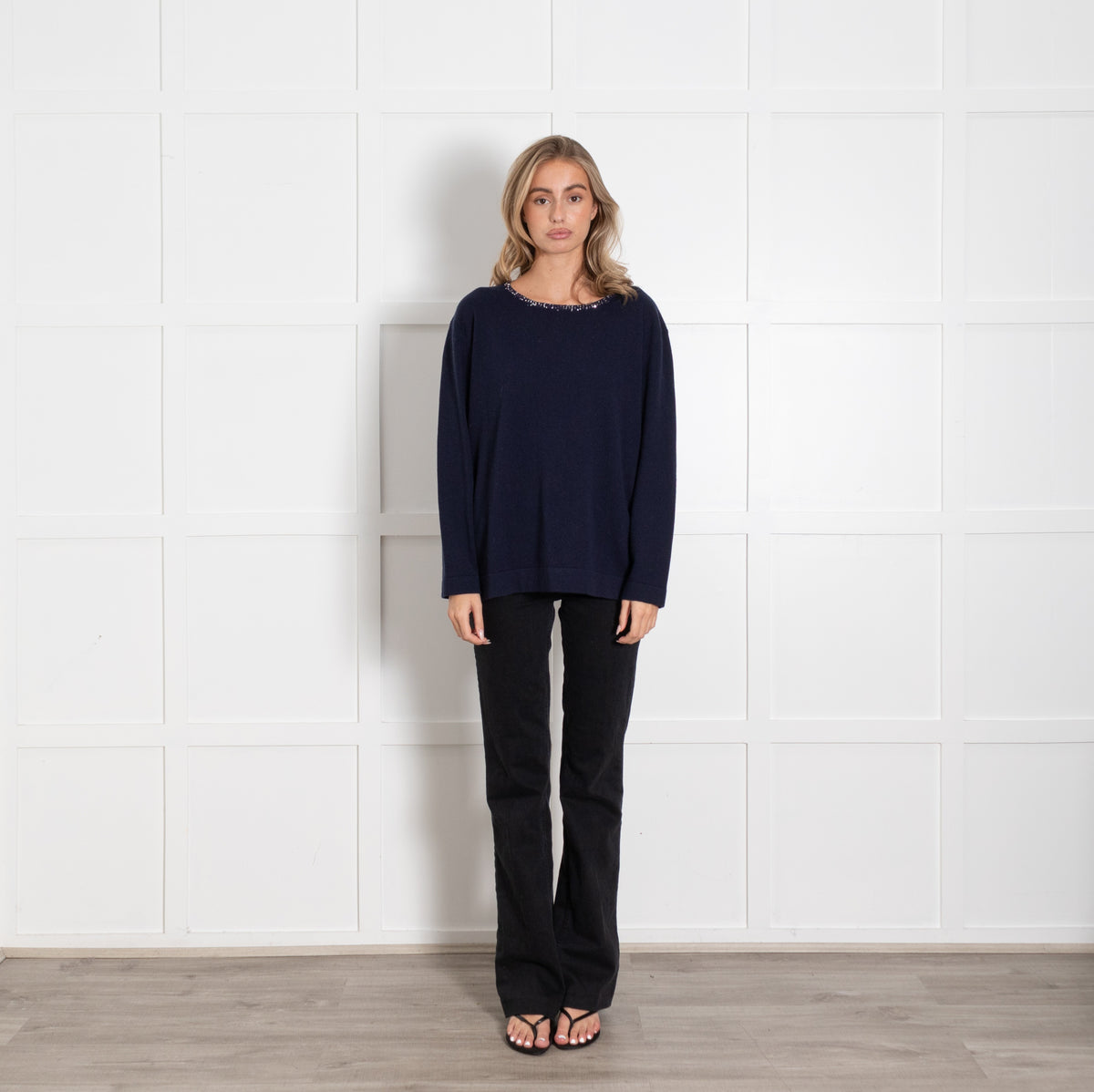 Amina Rubinacci Navy Silver Sequin Detail Cashmere Blend Jumper UK 12 - Image 1
