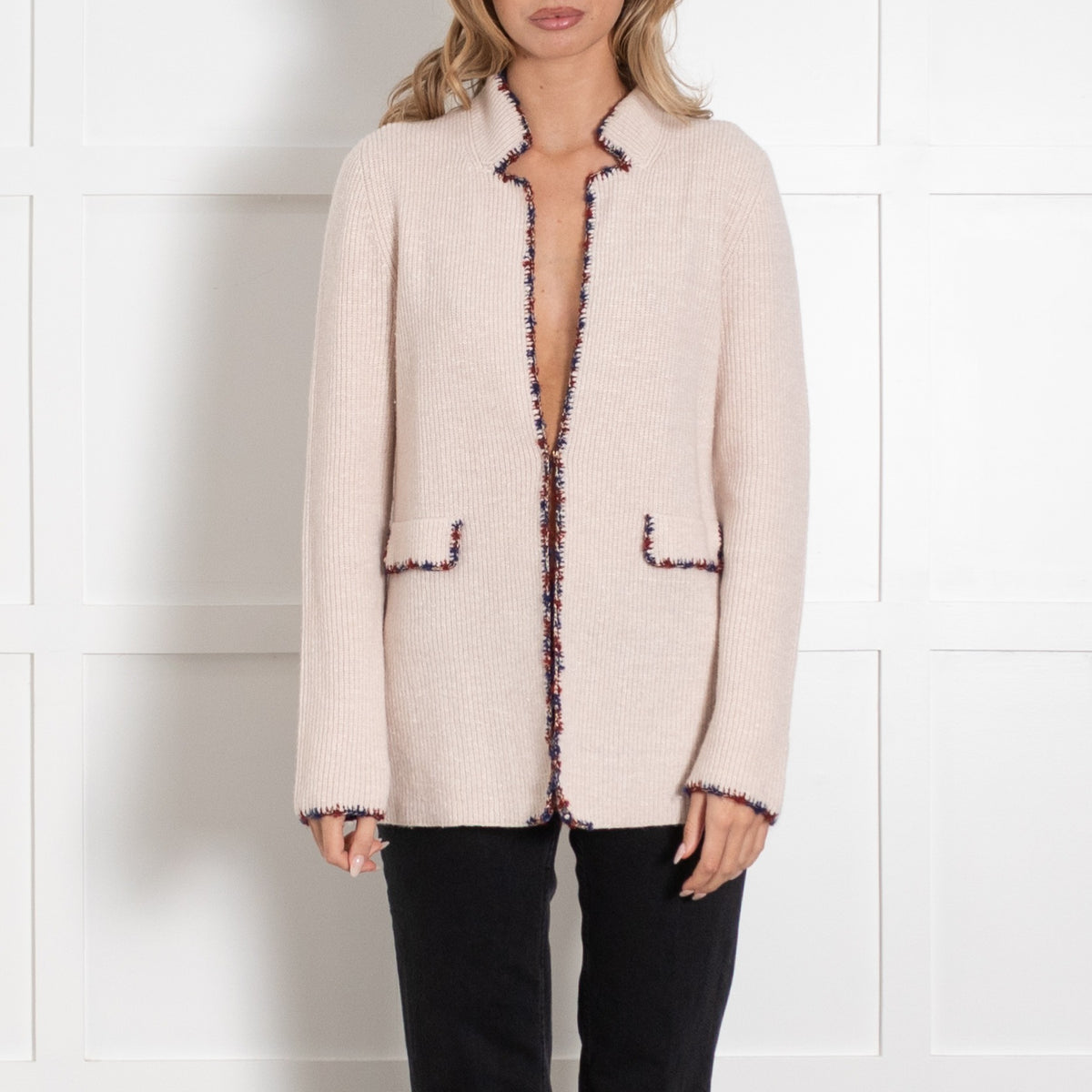 Amina Rubinacci Pale Pink Blue Red Trim Cashmere Blend Cardigan - Image 2
