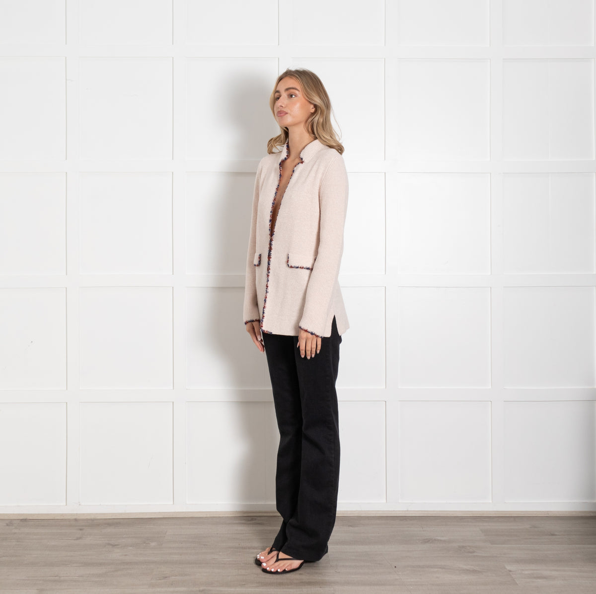 Amina Rubinacci Pale Pink Blue Red Trim Cashmere Blend Cardigan - Image 3