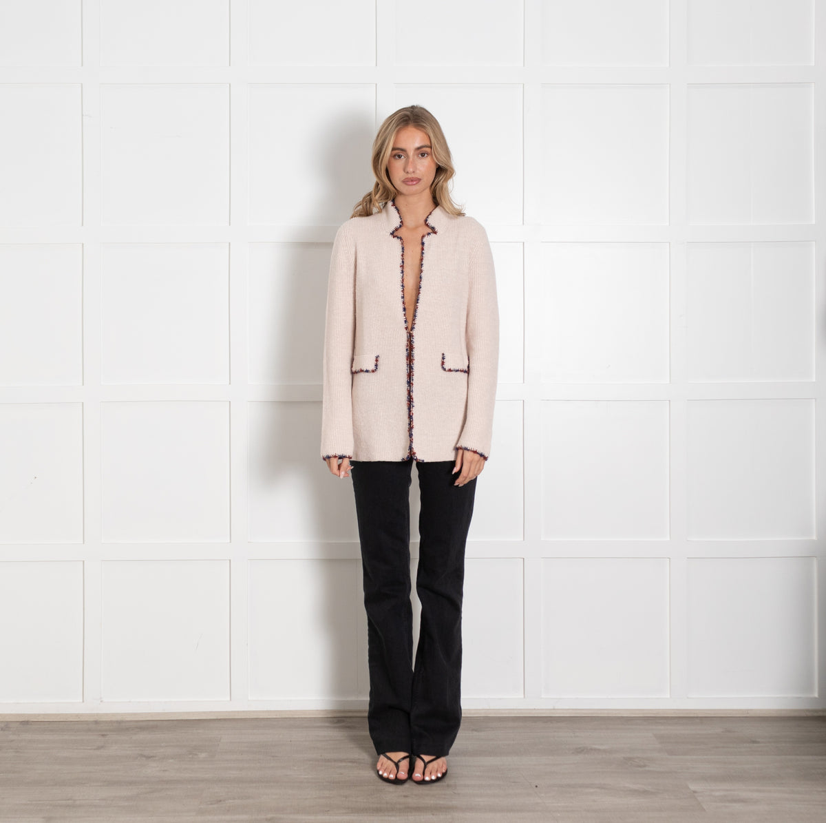 Amina Rubinacci Pale Pink Blue Red Trim Cashmere Blend Cardigan - Image 1