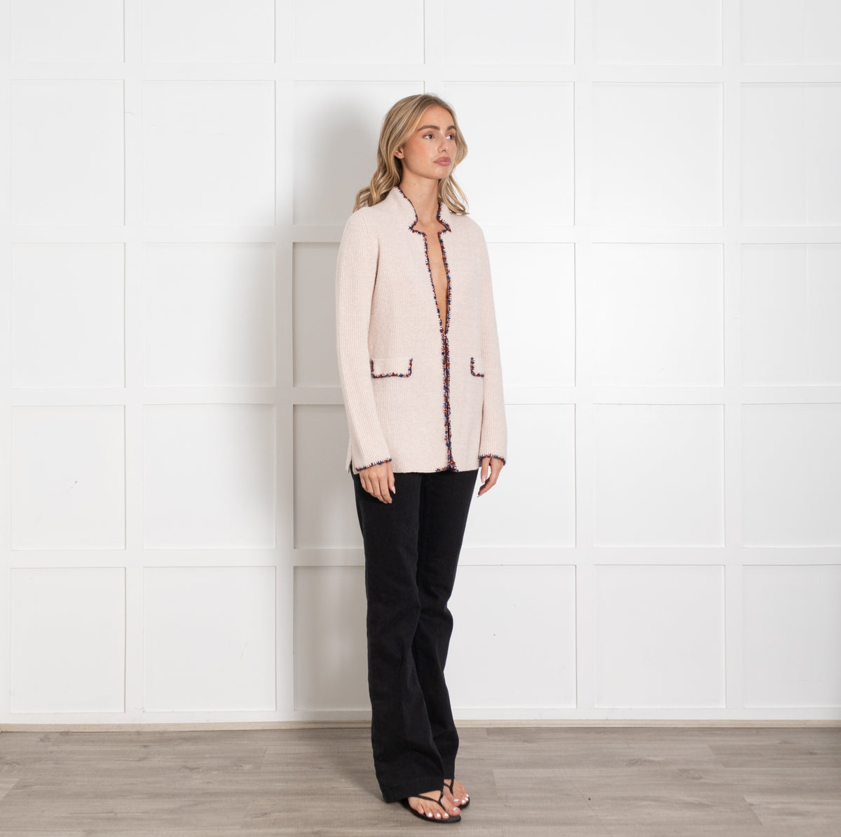 Amina Rubinacci Pale Pink Blue Red Trim Cashmere Blend Cardigan - Image 7