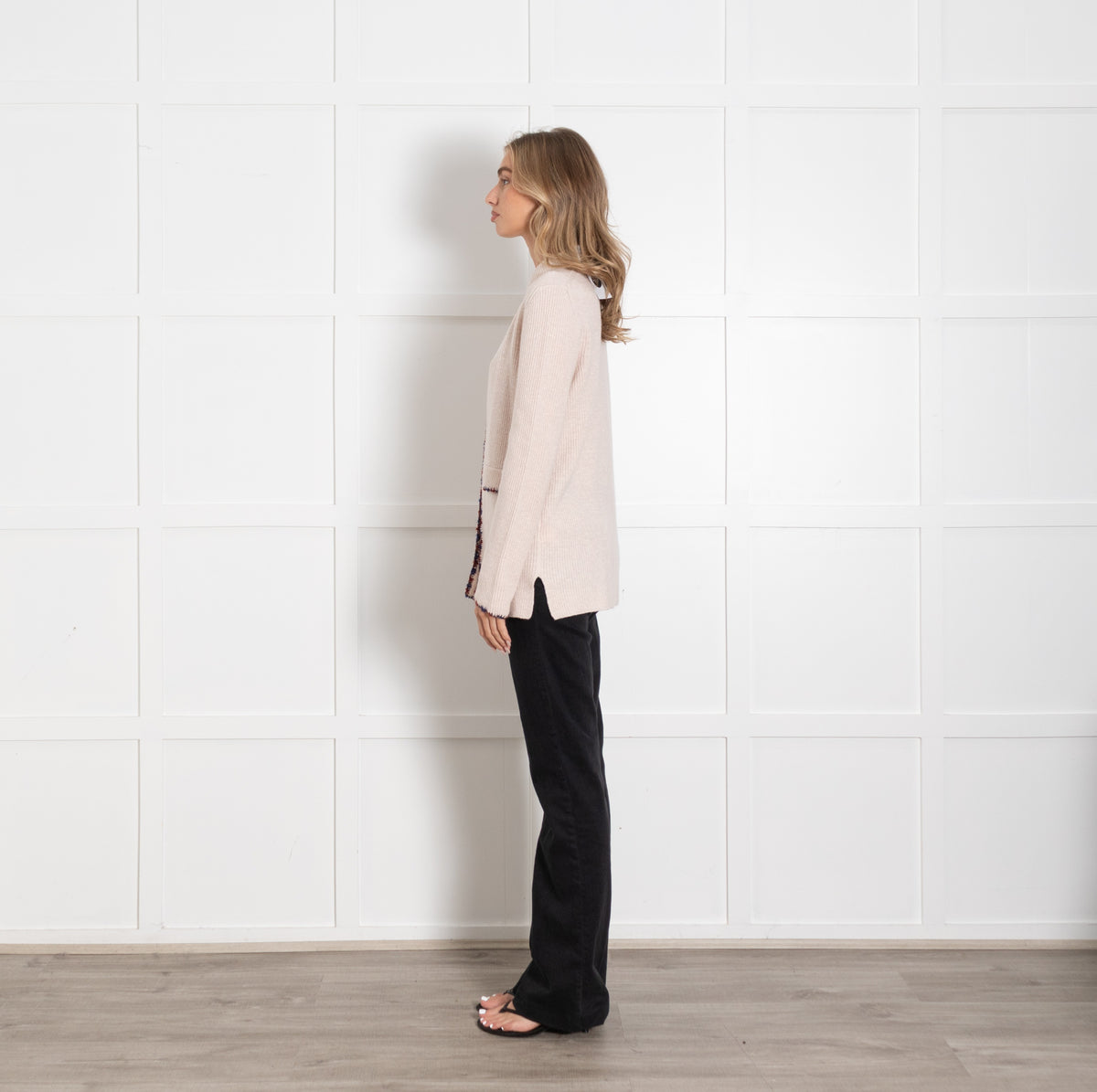 Amina Rubinacci Pale Pink Blue Red Trim Cashmere Blend Cardigan - Image 4