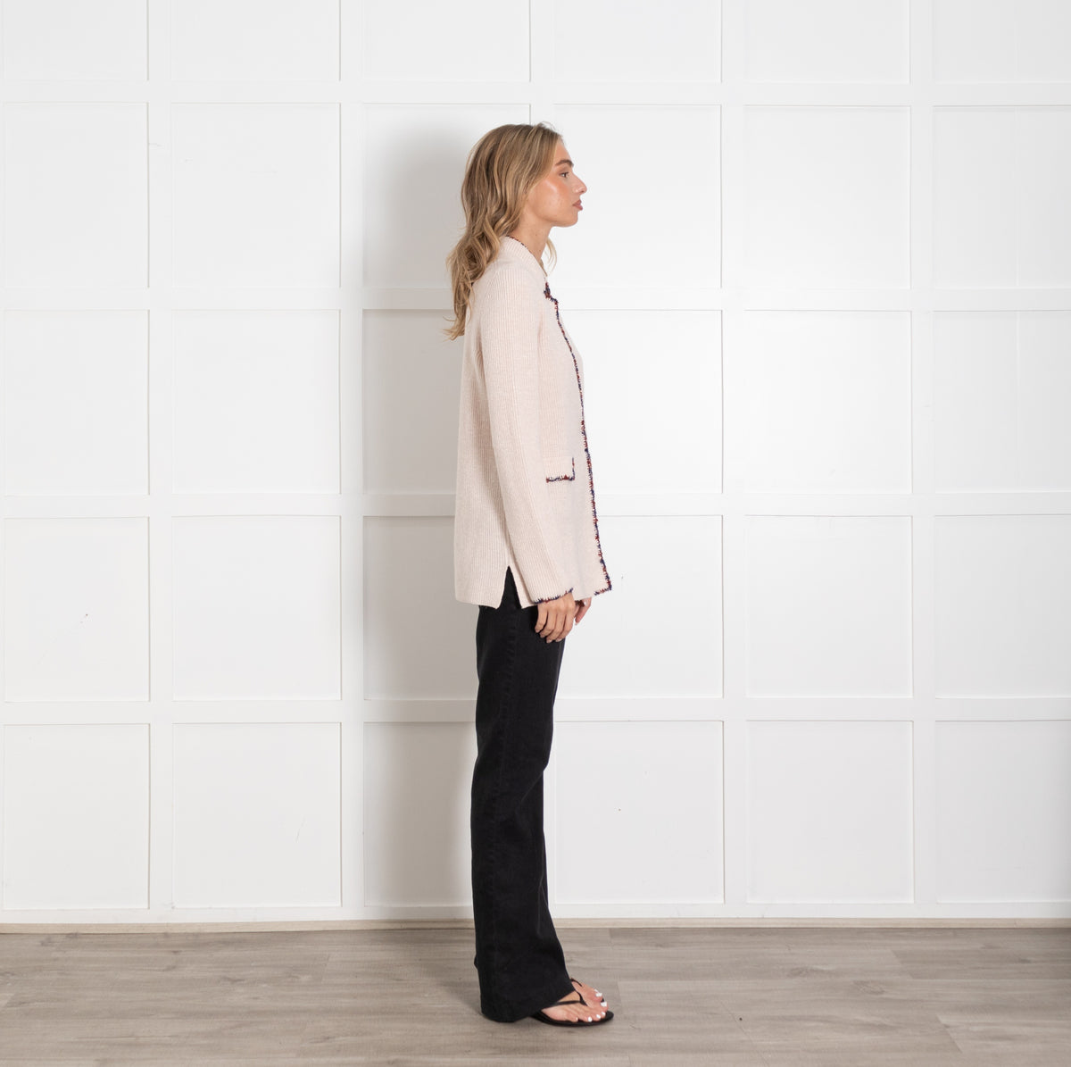 Amina Rubinacci Pale Pink Blue Red Trim Cashmere Blend Cardigan - Image 6