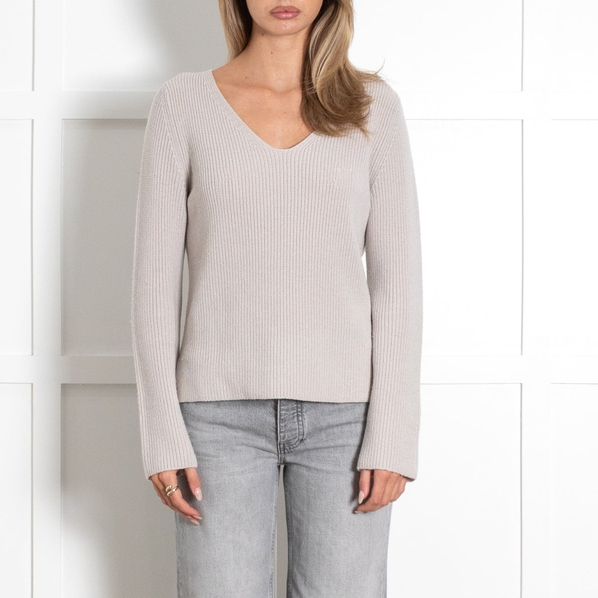 Beige Ivory Ribbed V-Neck Sweater - Image 2