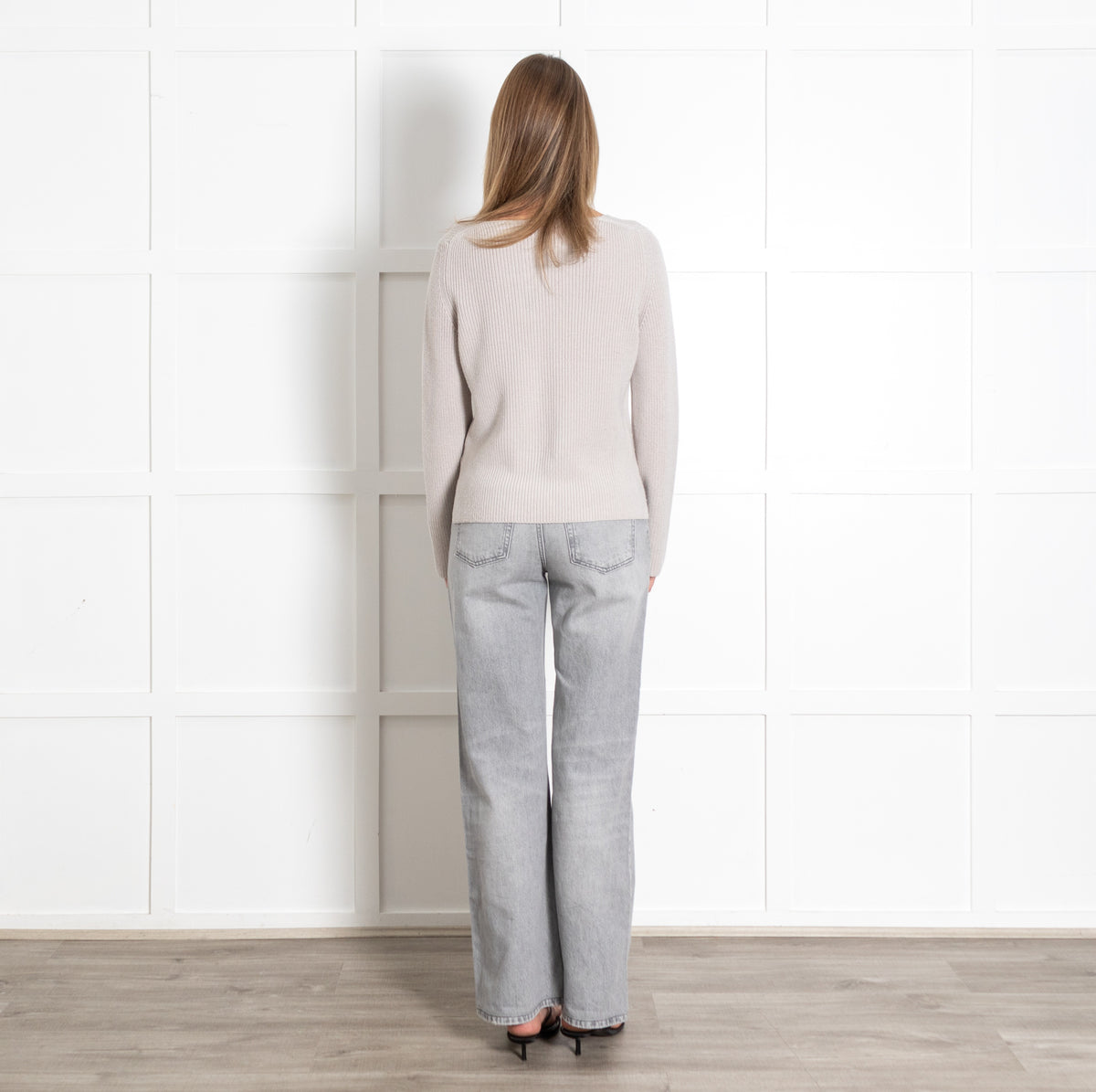 Beige Ivory Ribbed V-Neck Sweater - Image 5