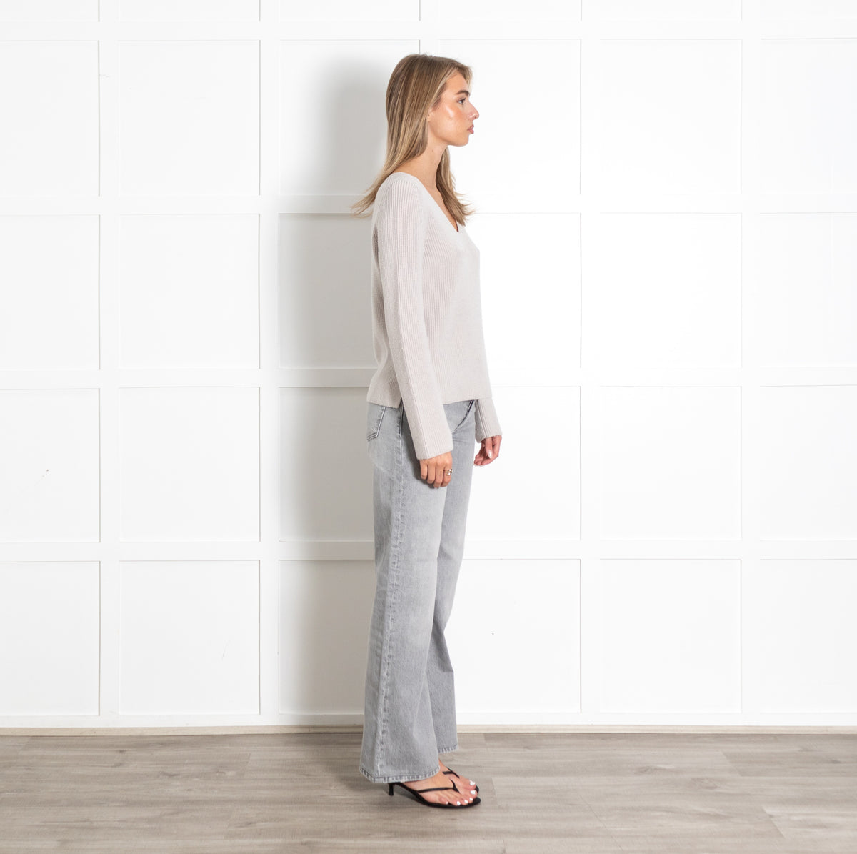 Beige Ivory Ribbed V-Neck Sweater - Image 6