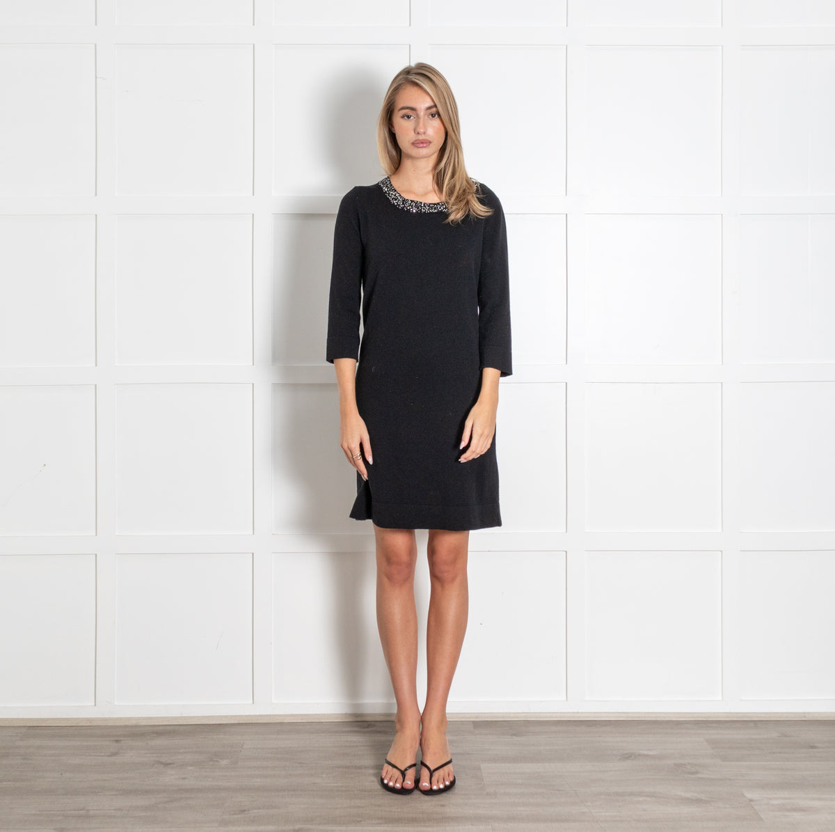 Black Knit Rhinestone Embellished Neckline Dress - Image 1