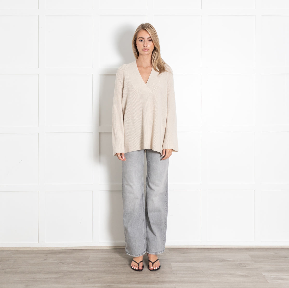 Cream Ribbed V-Neck Wool Sweater - Image 1