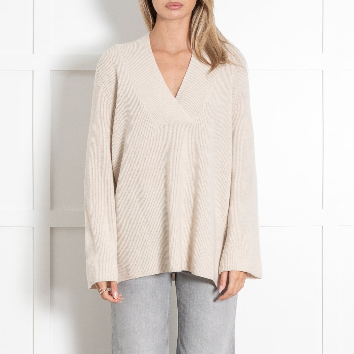Cream Ribbed V-Neck Wool Sweater - Image 2