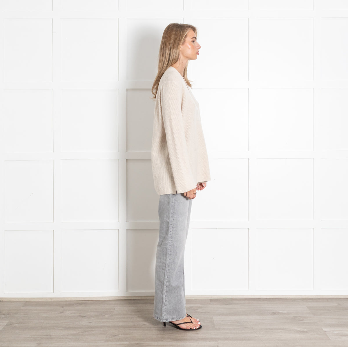 Cream Ribbed V-Neck Wool Sweater - Image 6