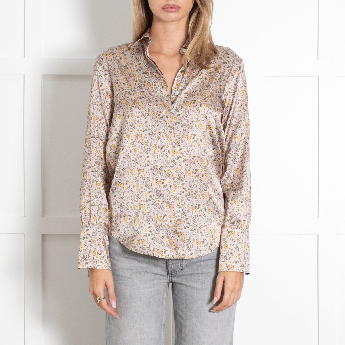 Pale Pink Yellow Purple Floral Long-Sleeve Button-Up Silk Blend Shirt - Image 2