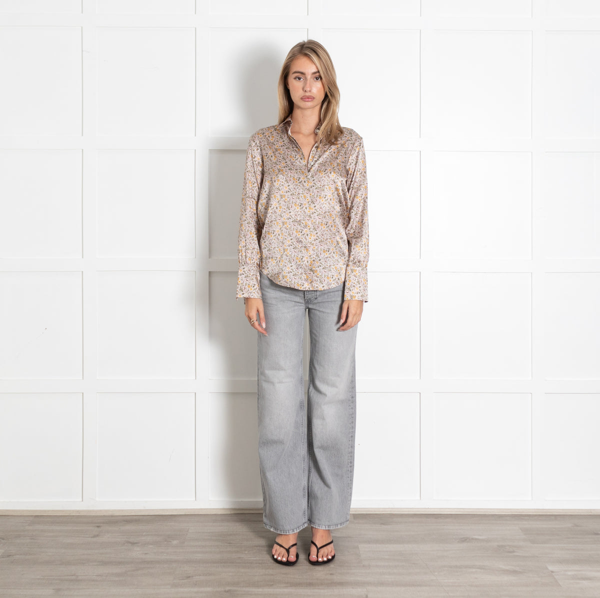 Pale Pink Yellow Purple Floral Long-Sleeve Button-Up Silk Blend Shirt - Image 1